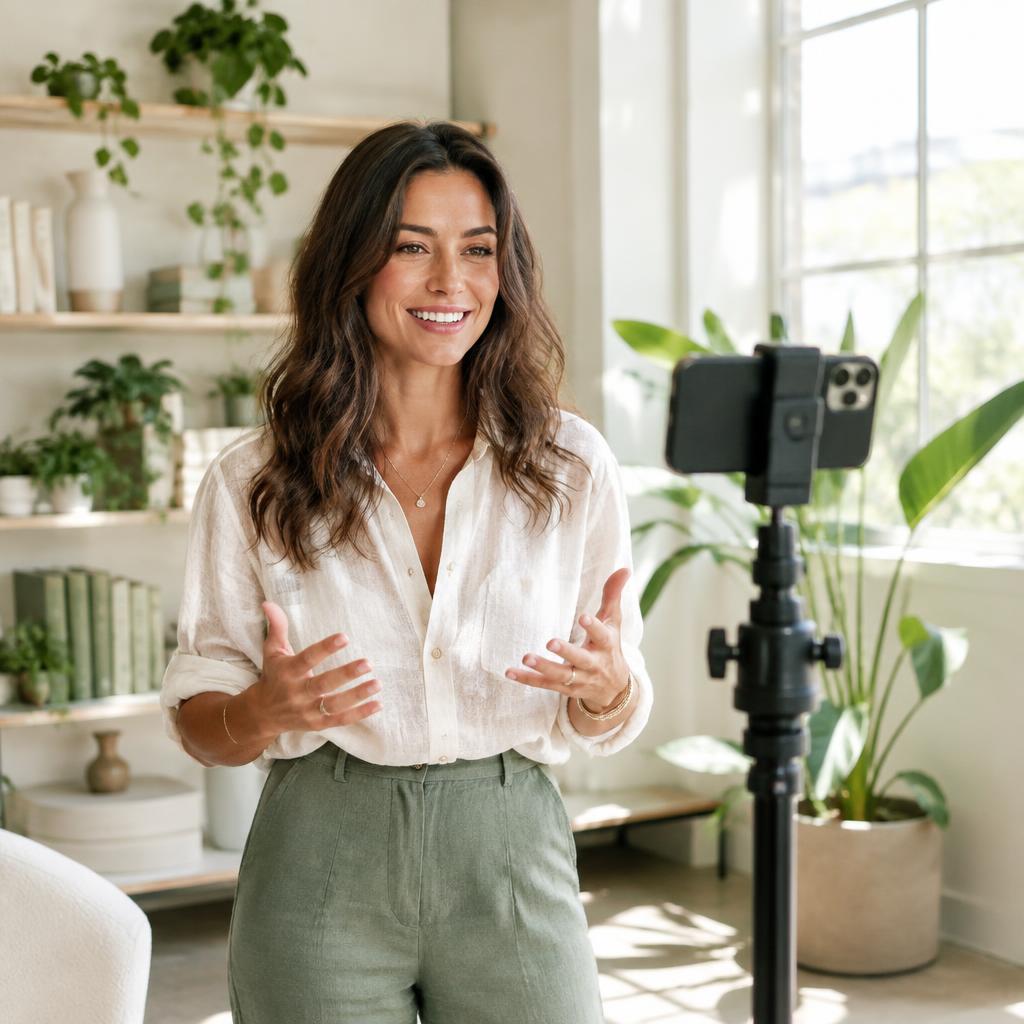 Confident entrepreneur filming social media content